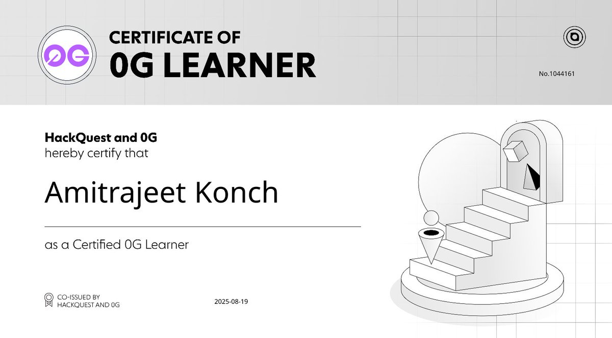 Amitrajeet - amitrajeet.eth (@amitrajeet7635) on Twitter photo Yohoo๐ Now I am a certified <a href="/0G_labs/">0G Labs (ร,G) - AI L1</a> Learner. Completed this course on <a href="/HackQuest_/">HackQuest</a> ๐ช
In this course I learnt abt:
- Basics of Blockchain
- TAP
- Understanding 0G
- Technical Modules of 0G
- Creating Smart Contracts w 0G
This was a fun experience #LearnwithHQ #Web3withHQ Yohoo๐ Now I am a certified <a href="/0G_labs/">0G Labs (ร,G) - AI L1</a> Learner. Completed this course on <a href="/HackQuest_/">HackQuest</a> ๐ช
In this course I learnt abt:
- Basics of Blockchain
- TAP
- Understanding 0G
- Technical Modules of 0G
- Creating Smart Contracts w 0G
This was a fun experience #LearnwithHQ #Web3withHQ