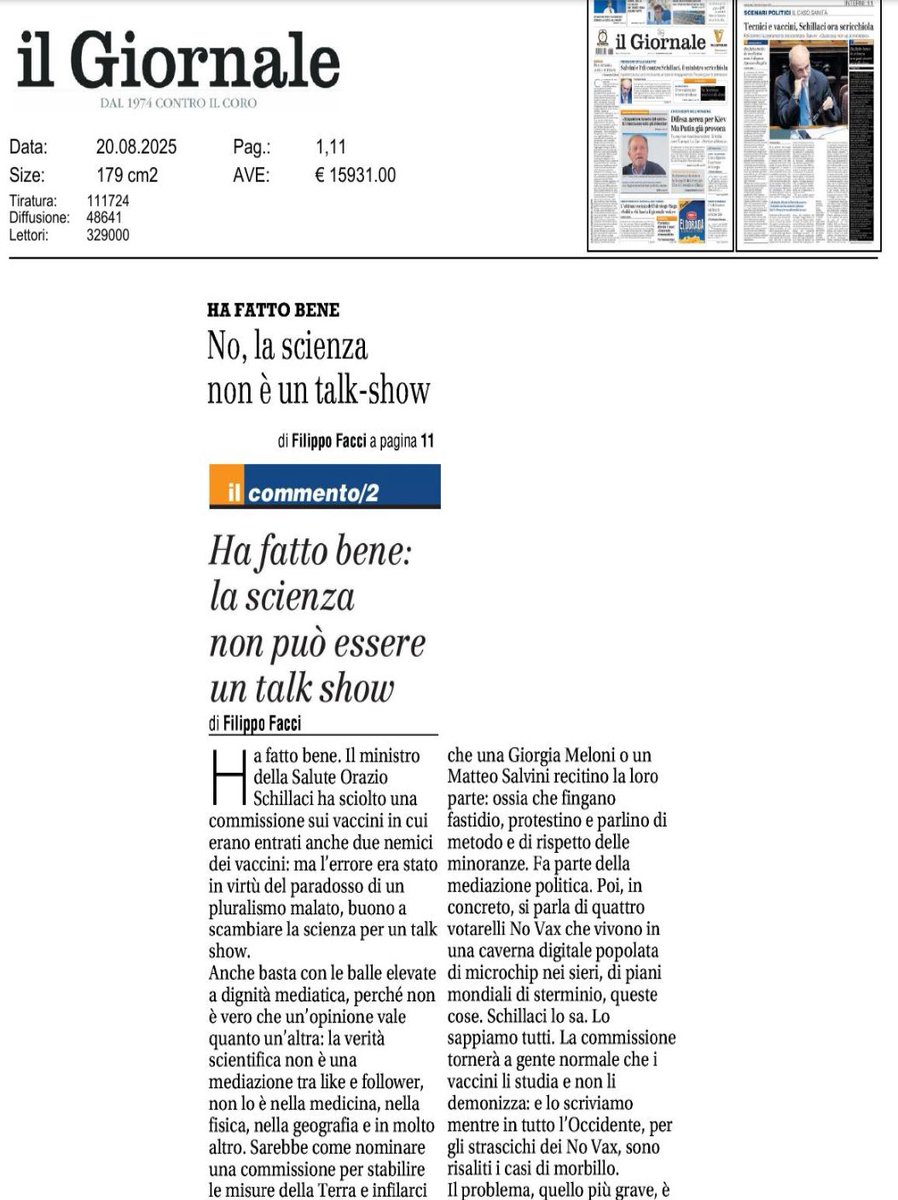 Il ministro Schillaci scioglie la commissione sui vaccini con esponenti No Vax. La scienza non è un talk show, i vaccini non si discutono, si studiano. Basta teorie senza basi, la verità si fonda su prove, non su slogan.