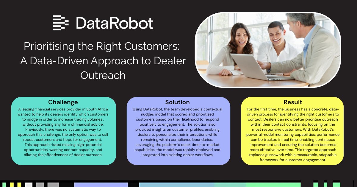 KIDGroup1999's tweet image. With DataRobot, a leading SA financial provider now:
📊 Identifies the right customers
🤝 Prioritises dealer outreach
✨ Replaces guesswork with data-driven engagement
#DataRobot #AI #CustomerEngagement #SouthAfrica