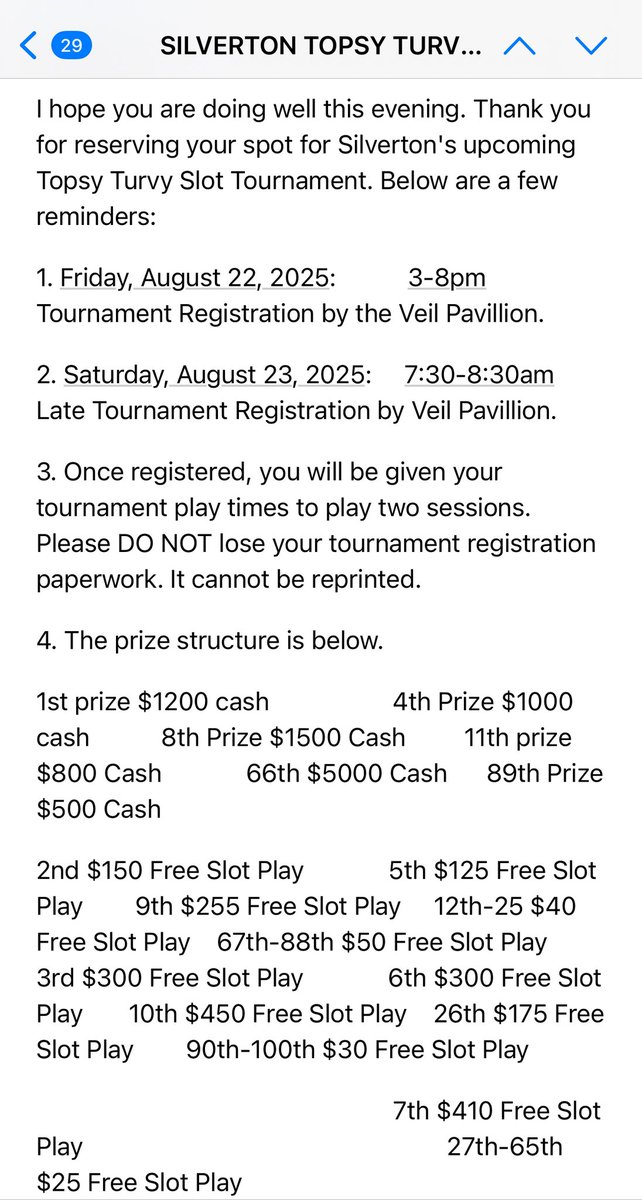 Mike (@mspc) on Twitter photo Just got the prize structure for the Slot Tournament at the Silverton this weekend. <a href="/John_Mehaffey/">John Mehaffey</a> what do think about this? Have you ever seen a random prize structure like this? Just got the prize structure for the Slot Tournament at the Silverton this weekend. <a href="/John_Mehaffey/">John Mehaffey</a> what do think about this? Have you ever seen a random prize structure like this?