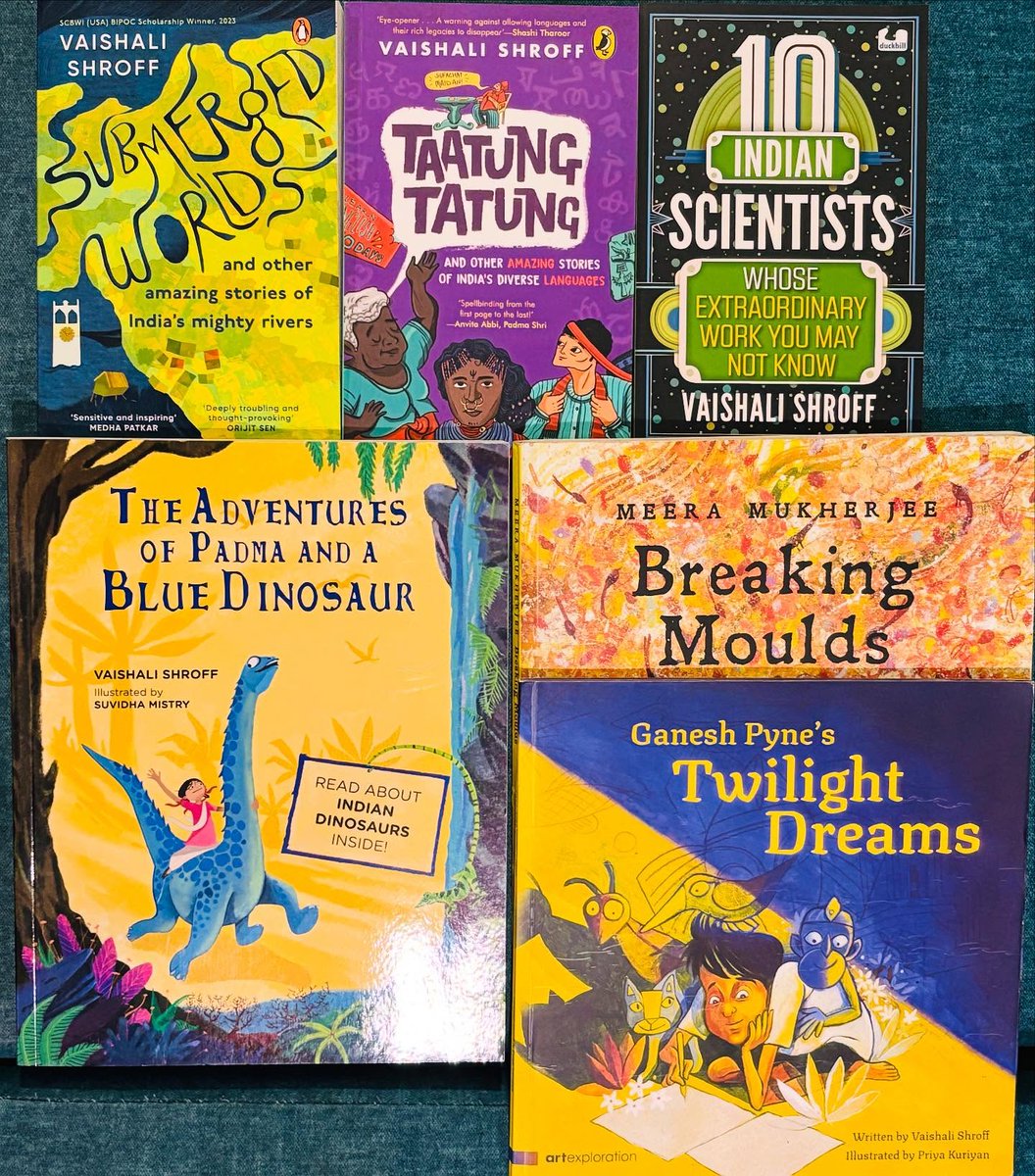 My humble offering of books about various aspects of our national heritage. Have you read them yet?
#SubmergedWorlds #TaatungTatung #10IndianScientists #TheAdventuresofPadmaandaBlueDinosaur #BreakingMoulds #TwilightDreams 
<a href="/PenguinIndia/">Penguin India</a> <a href="/HarperCollinsIN/">HarperCollins</a> <a href="/Art1stIndia/">Art1st India</a>
