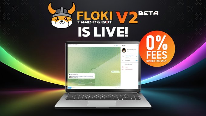노트북에 봇 인터페이스가 보이고 0% 수수료 배지가 있는 Floki V2 베타 트레이딩 봇 홍보 이미지