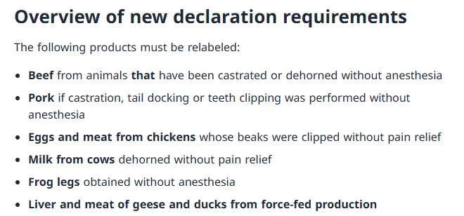 'Improved labelling' (1 July, 2025) if animal-based food products has undergoing procedures w/o anaesthesia incl. castration, dehorning, tail docking, &amp;teeth clipping. Lamb/sheep meat didn't get a mention from lists I've read.