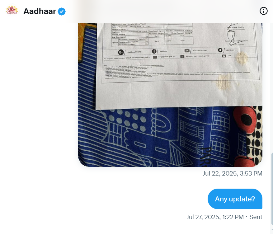 VirenTimble's tweet photo. @AshwiniVaishnaw Kindly help here. I had enrolled for Aadhaar for my daughter 3 months back and the status is still "under process". I have reached out to UIDAI via twitter but no response. I have reached out to helpline 1947 twice but they have not solved (SRN-S2074422378000). https://t.co/Qzi9HWjTPN