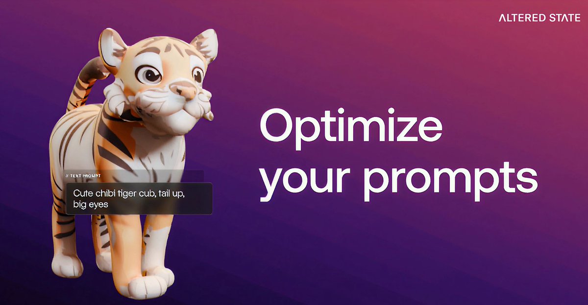 Your Guide to ALTERED STATE Prompting ✨

Choose your workflow and type or upload your prompt→ Generate to watch the magic unfold 🎩
🔸 Standard: Any 3D asset
🔸 Avatar: Game-ready Avatars

Find expert prompting tips 👇
support.alteredstate.app/en/articles/10…