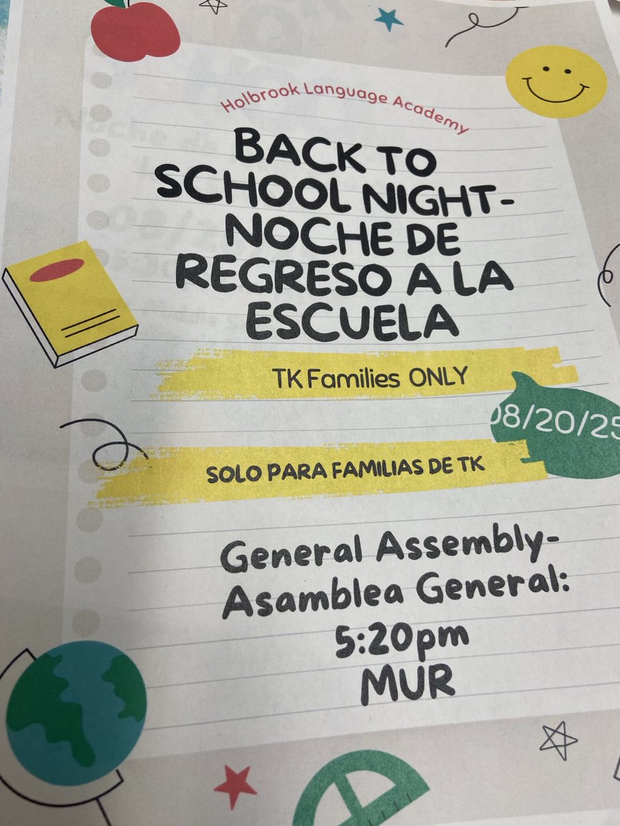 Back to School Night: TK Families Only on 8/20/25 . Hasta mañana ! #WeAreHolbrook