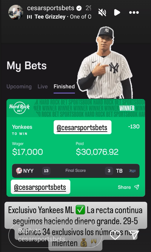 NeverLoseSystem's tweet image. CASH IT🚀✅

Cesar wins again‼️
#Yankees ✅
🔴29-5 (85%)🔥

We are the ONLY LEGIT SOURCE for Cesar‼️

Join the #1 Capper Buy Group in the world (Fern,Q9, Cesar etc..). Cheapest prices in the industry just $36 per day for 1 week👇
bit.ly/START-WINNING

Win With Us‼️