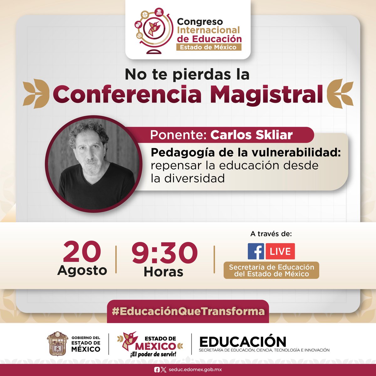 SeducEdoMex's tweet image. 🤍 La diversidad nos invita a repensar la educación.

Acompáñanos en la Conferencia Magistral de Carlos Skliar: “Pedagogía de la vulnerabilidad: repensar la educación desde la diversidad”

Un encuentro para reflexionar, aprender y transformar juntos.

#EducaciónQueTransforma