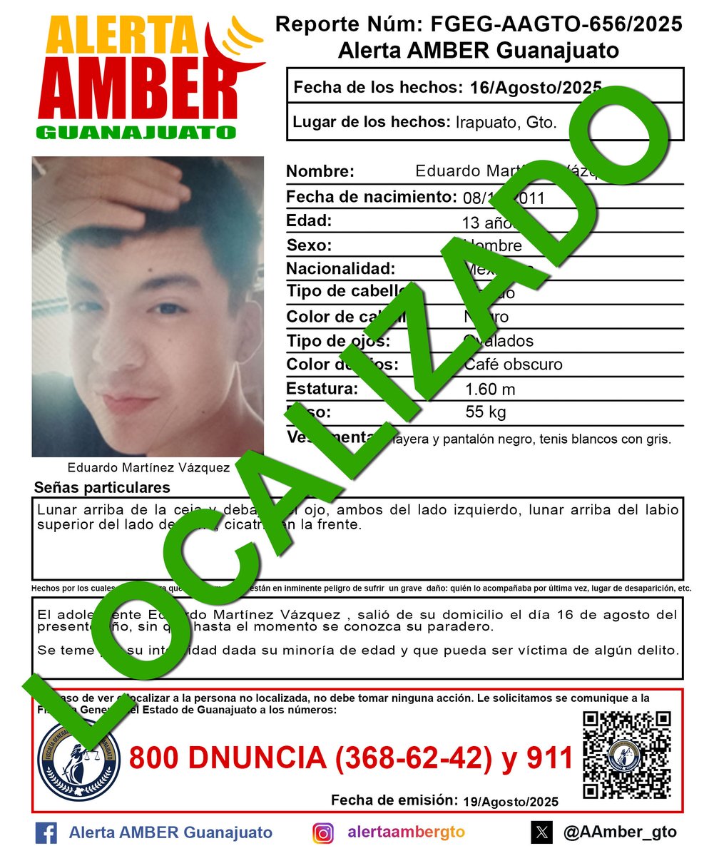 Desactivación de la Alerta AMBER Guanajuato del adolescente Eduardo Martínez Vázquez de 13 años, Irapuato, Gto. ¡Gracias por tu ayuda!