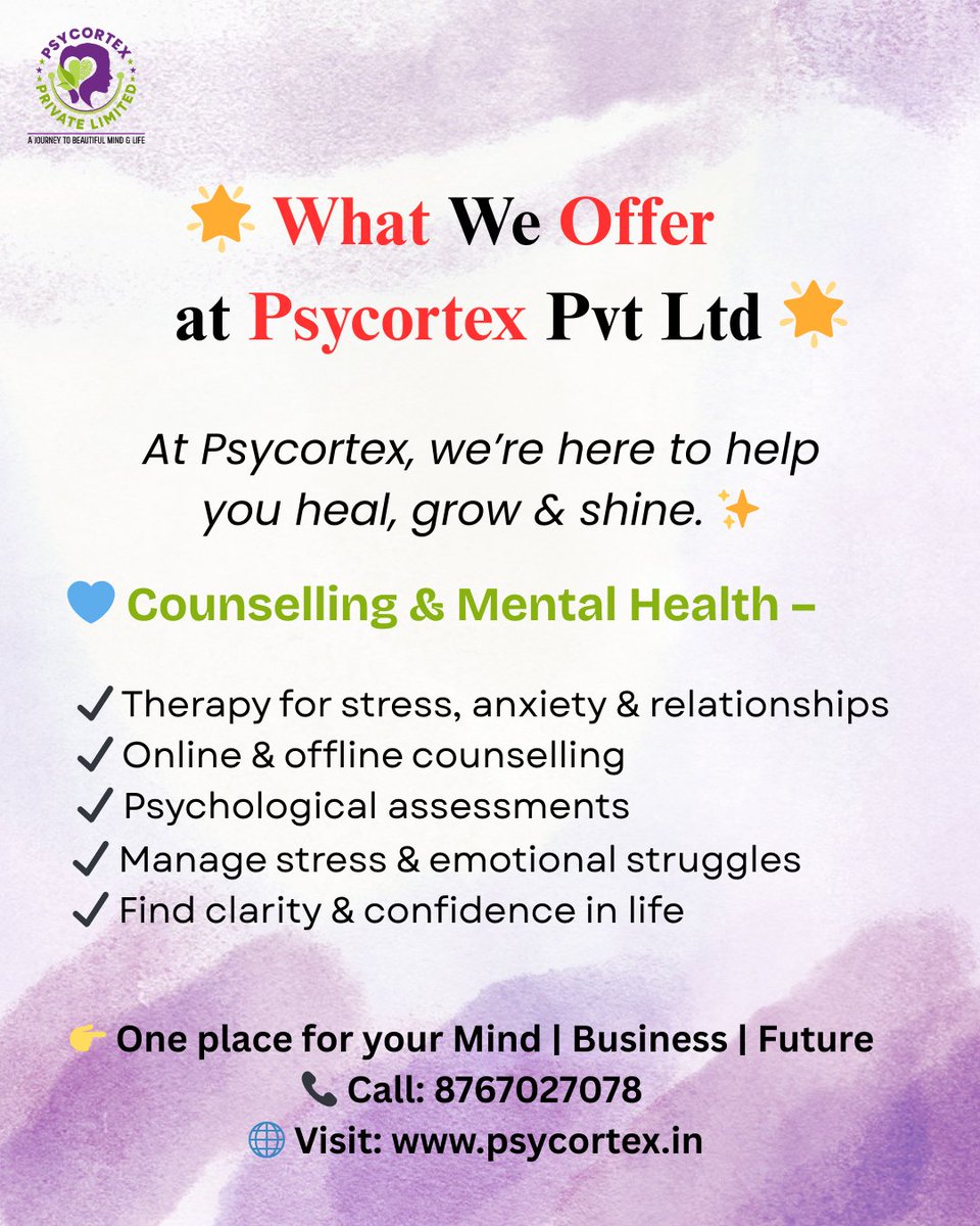 PPsycortex's tweet image. 🌿 At Psycortex, we believe mental health is as important as physical health. 💙
📞 Contact us today and take your first step towards well-being.
💡 #Psycortex #WhatWeOffer #MentalHealthMatters #CounsellingSupport #TherapyForAll #MindCare #StressFreeLife #AnxietyRelief