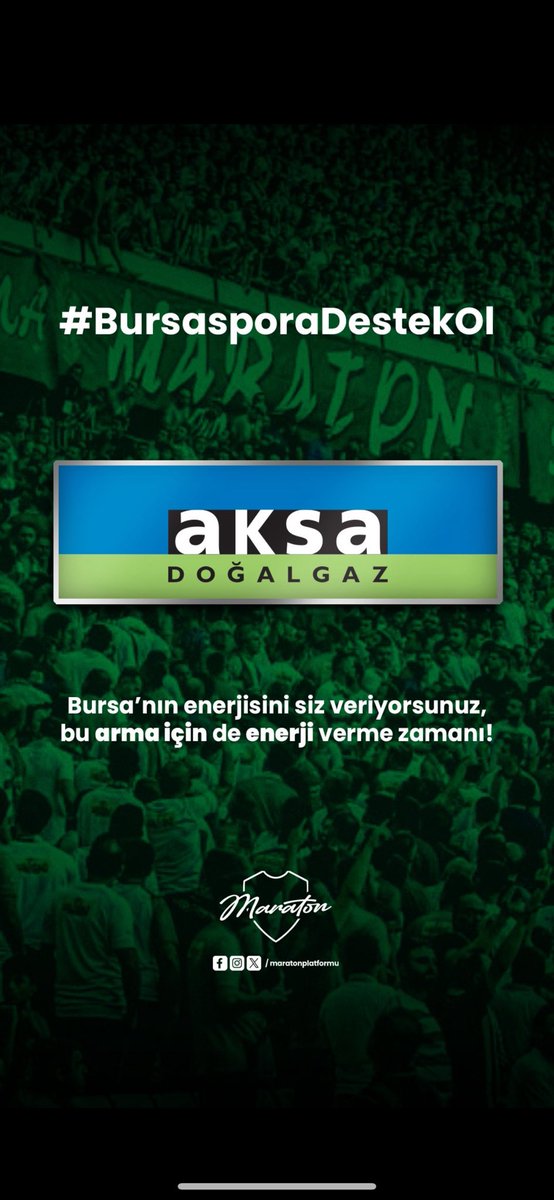 Bursaspor’un yanında görmek istediğimiz güc <a href="/DOGALGAZAKSA/">Aksa Doğalgaz</a> Bu şehrin takımı, bu şehrin enerjisiyle büyüsün!
#BursasporaDestekOl