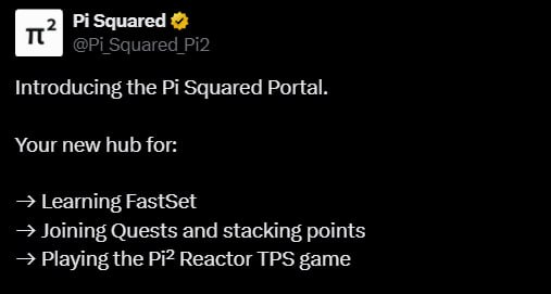 Pi Squared Quest Are Live <a href="/Pi_Squared_Pi2/">Pi Squared</a> 

Raised $12.5M😱😱

Lead by Ploychain💰

Quest Link: portal.pi2.network

Login With Email
Complete All Task 
Earn Energy Poin

Next comes the Pi² Reactor Game🔥🔥