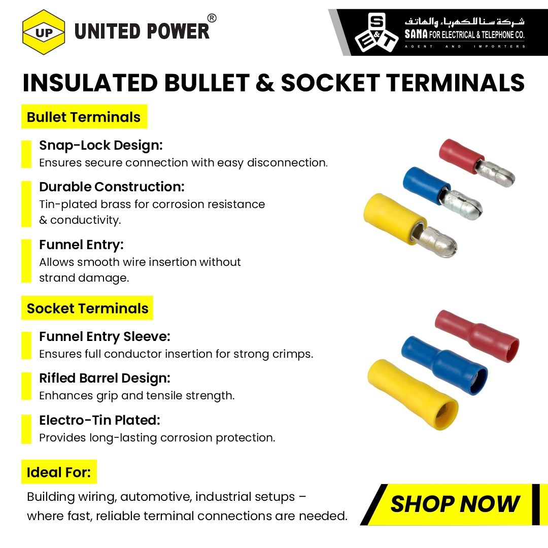 Sanaco_sa's tweet image. UNITED POWER Bullet and Socket Terminals offers secure, tool-free connections for wires in electrical applications. 

Shop on sanaco.com.sa/product/united…

#terminallugs #lugs #electricalconnectors
