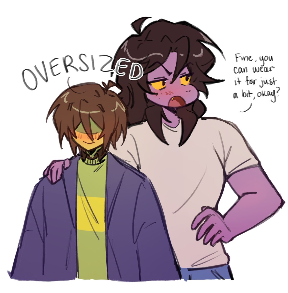just love the idea that susie’s jacket on kris is huge..

#krusie #DELTARUNE