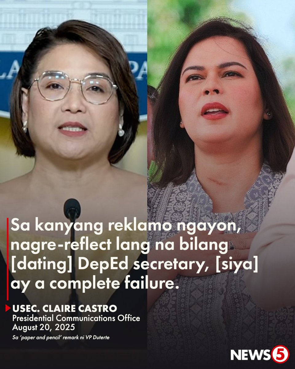 ‘A COMPLETE FAILURE’

Pumalag si Palace Press Officer Usec. Claire Castro sa pahayag ni Vice President Sara Duterte na napag-iiwanan na ang Pilipinas pagdating sa edukasyon.

Ayon kay Castro, tinugunan sana ng bise ang kanyang mga hinaing sa loob ng dalawang taong paninilbihan