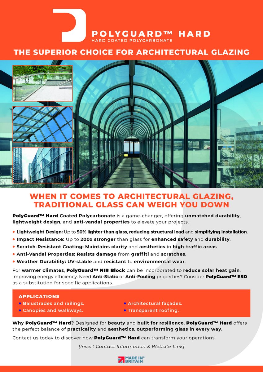 Revolutionise your architectural designs with PolyGuard™ Hard, the ultimate alternative to glass for balustrades, canopies, walkways, and glazing.

Lighter, stronger, and easier to install, PolyGuard™ Hard offers unmatched performance and durability for modern construction.