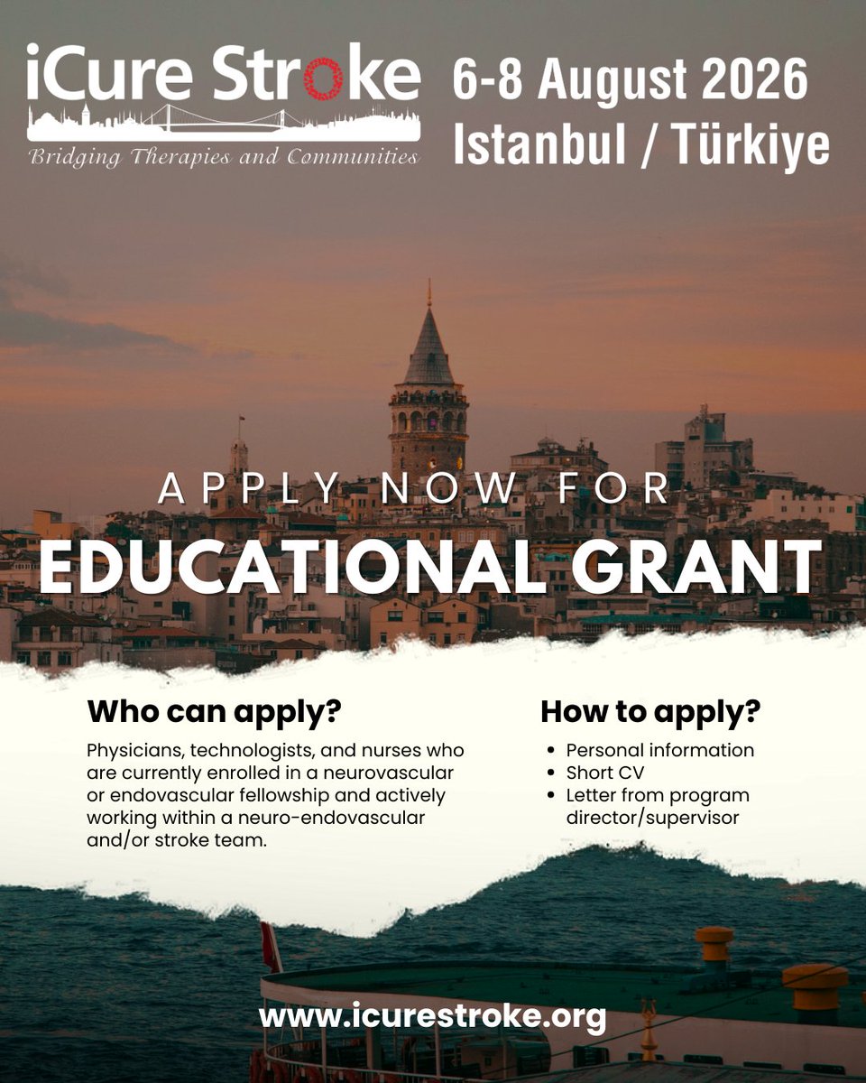 We’re excited to announce that applications are now open for the iCure Stroke Educational Grant! 🎓✨

Don’t miss this opportunity to support your professional growth and connect with the global stroke community!

👉 Apply now at: icurestroke.org

#iCureStroke2026