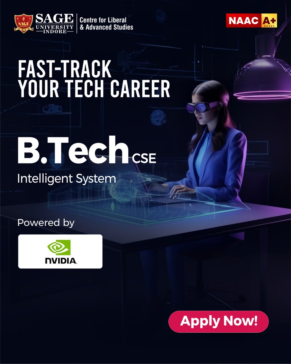 SAGE_INDORE's tweet image. Join B.Tech CSE (Hons.) – Intelligent System, powered by NVIDIA, designed to prepare you for the era of AI, machine learning, and advanced computing—shaping you into a leader of tomorrow’s tech world.
__
#SAGEUniversityIndore #InnovationInTech #BTechCSE #Cyber