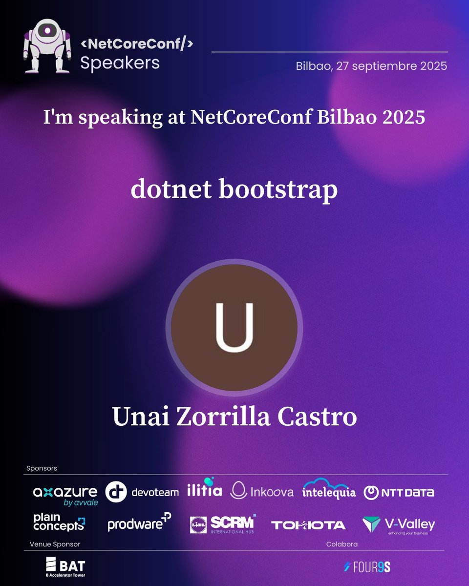 🚀 ¿Quieres estandarizar tus soluciones .NET? Unai Zorrilla Castro te enseña a crear y usar plantillas empresariales para bootstrapping efectivo. 📍 BAT Tower #DotNet #DevOps #dotnetbootstrap