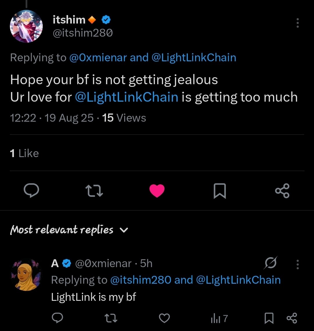 A | KGeN (@0xmienar) on Twitter photo Relationship status: In a committed smart contract with <a href="/LightLinkChain/">LightLink ⛓️</a>. No gas fees, just pure love. 💘 😍 Relationship status: In a committed smart contract with <a href="/LightLinkChain/">LightLink ⛓️</a>. No gas fees, just pure love. 💘 😍