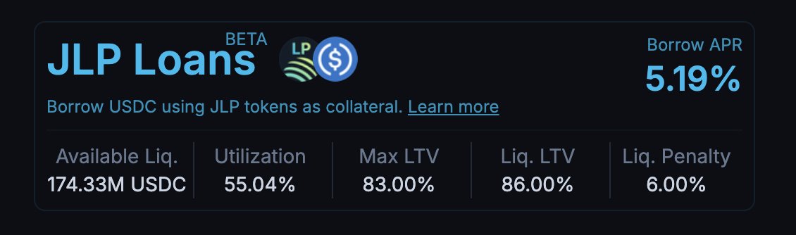 Screenshot of JLP Loans interface displaying borrowing details including APR and liquidity