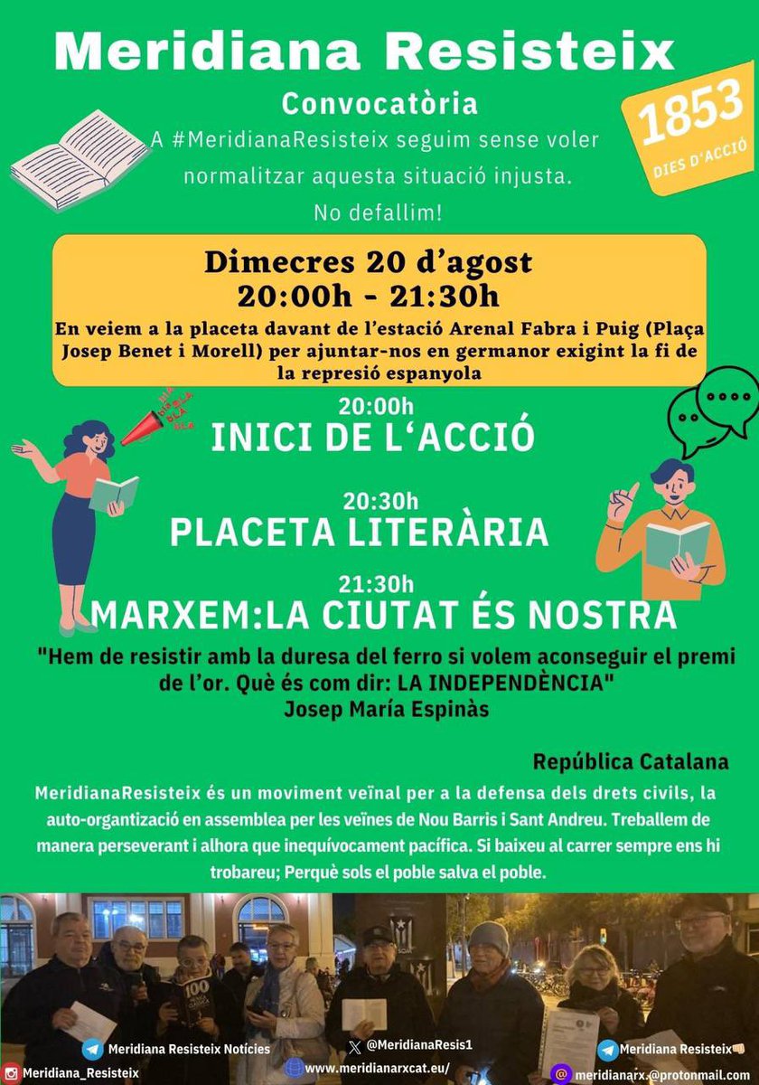 🚨Meridianes! Avui us convoquem a una nova jornada combativa!👇

 RESISTÈNCIA!! 🏴🏴🏴 🔥✊

📚Avui dimecres tindrem placeta literària.👇

👂🏼Escoltarem meridians llegint a la placeta. Qui vulgui és ben rebut a llegir amb nosaltres!📖