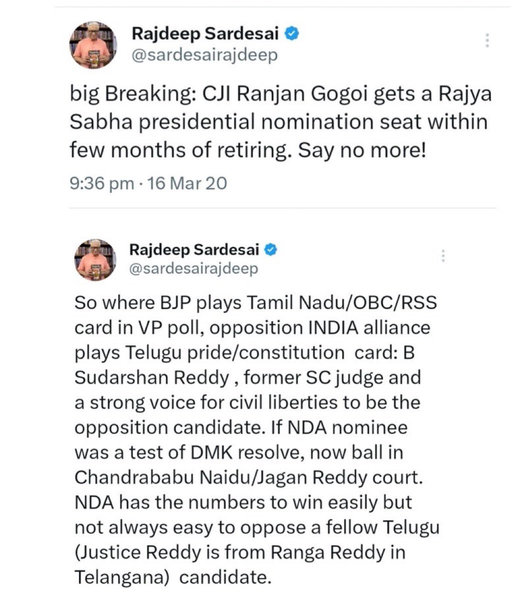 Media Expose (@mediaexpose_) on Twitter photo When BJP nominates a judge → ‘Say no more!’ outrage. When Opposition fields a judge → suddenly it’s ‘Telugu pride & Constitution card.’ Sardesai’s hypocrisy writes itself.
That’s Journalism <a href="/sardesairajdeep/">Rajdeep Sardesai</a> style ! When BJP nominates a judge → ‘Say no more!’ outrage. When Opposition fields a judge → suddenly it’s ‘Telugu pride & Constitution card.’ Sardesai’s hypocrisy writes itself.
That’s Journalism <a href="/sardesairajdeep/">Rajdeep Sardesai</a> style !