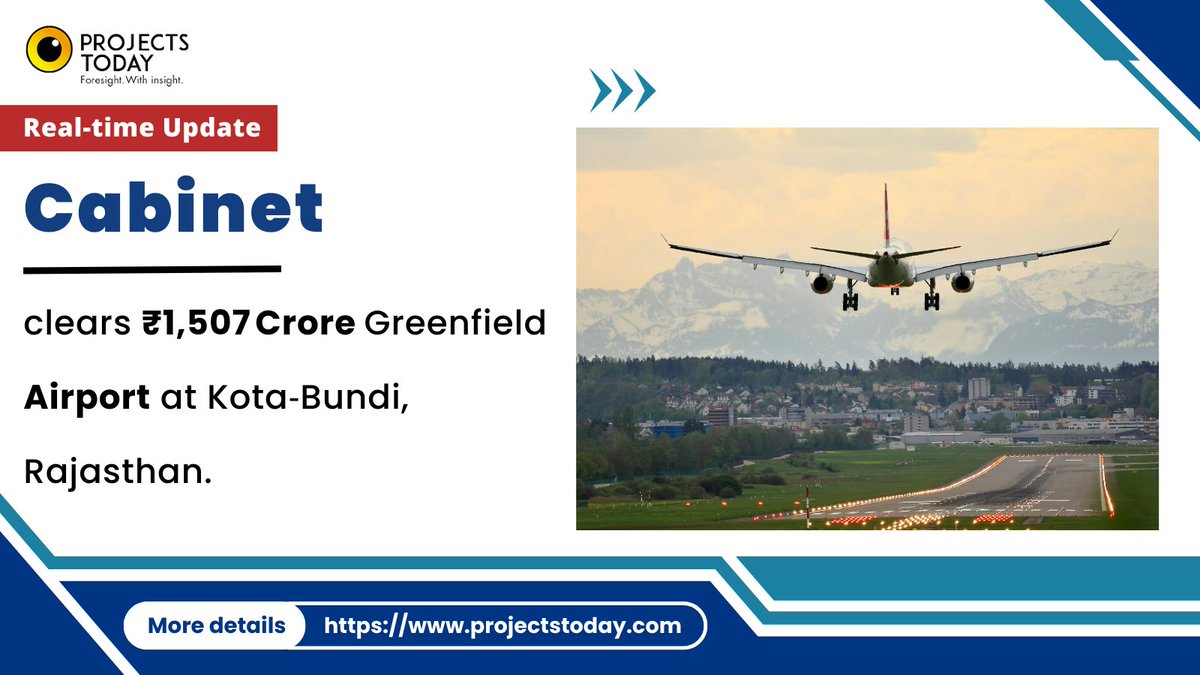 Projects Today (@projects_today) on Twitter photo The Union #Cabinet has approved a ₹1,507 crore greenfield #airport at Kota‑Bundi, #Rajasthan, featuring 3.2 km runway and a modern terminal.
For more details:
Email us at: mallika@projectstoday.com
Contact us on +91 7304553123
#InfrastructureDevelopment The Union #Cabinet has approved a ₹1,507 crore greenfield #airport at Kota‑Bundi, #Rajasthan, featuring 3.2 km runway and a modern terminal.
For more details:
Email us at: mallika@projectstoday.com
Contact us on +91 7304553123
#InfrastructureDevelopment