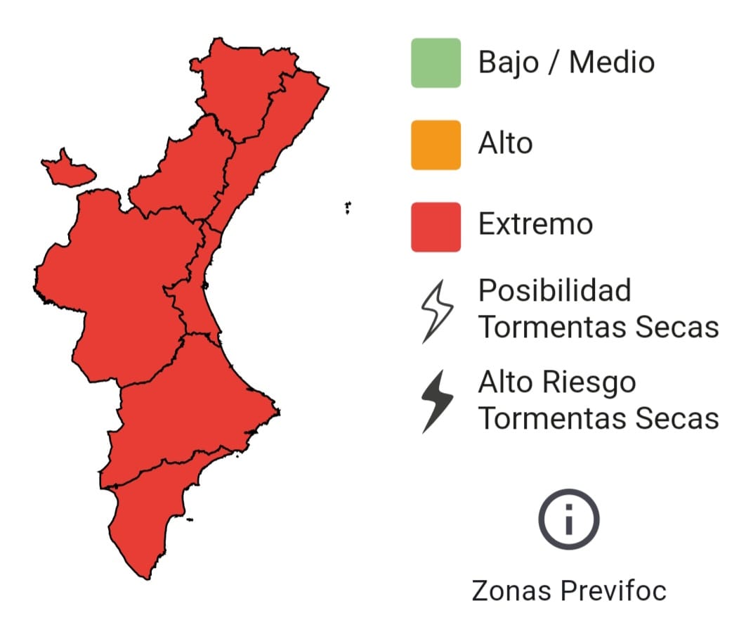 GVA112's tweet photo. 🔥El nivell de preemergència per risc d'incendi forestal per a hui 20/08 és:

🔴EXTREM a tota la Comunitat Valenciana.

➡️Recorda que amb nivell 3 extrem està prohibit fer qualsevol tipus de foc.

#StopAlFoc https://t.co/Z2OtG8qN6b