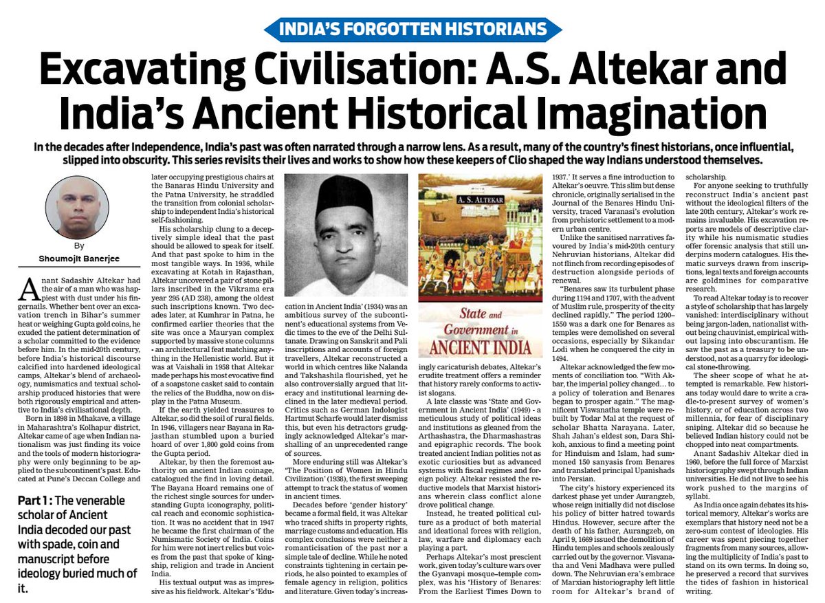 The first of my series on India's 'forgotten' historians turns the spotlight on the venerable A.S. Altekar. The series aim to revive the works of India's keepers of Clio who sadly languished into obscurity in postcolonial #India. A🧵#History 

🔗tinyurl.com/3fn3rk52