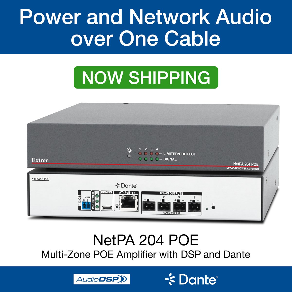 Extron's tweet image. Power and network audio over one cable puts this amplifier out of sight, right next to the speakers. Now shipping, the NetPA 204 POE is a Dante-enabled, PoE powered, four channel amplifier with DSP that delivers up to 20 watts per channel. It automatically scales maximum output…