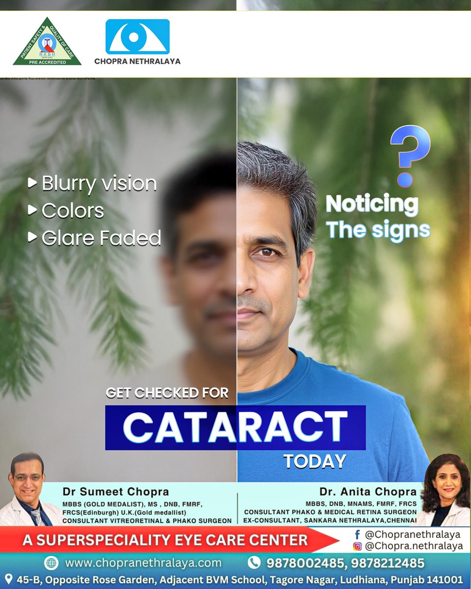 CNetralaya's tweet photo. Are you experiencing blurry vision, faded colors, or glare while looking at lights? These could be early signs of cataract. 

🌐 https://t.co/Jh8C4pNR9B
☎ 9878002485, 9872202485

#cataract #eyecare #clearvision #blurryvision #ophthalmology #eyehealth #visioncare #ludhiana https://t.co/XsxfHKWFTy