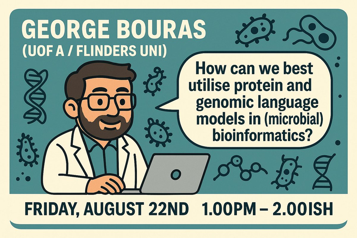 Adelaide Bioinformatics (@doppeldata) on Twitter photo For this Friday’s (22/8; 1.00pm – 2.00ish) #Bioinformatics #Seminar, join George Bouras (<a href="/UniofAdelaide/">Uni of Adelaide</a> / <a href="/Flinders/">Flinders University</a> ) as he explores:
“How can we best utilise protein & #genomic language models in (#microbial) bioinformatics?”
Details here: doppeldata.au/events/events.… For this Friday’s (22/8; 1.00pm – 2.00ish) #Bioinformatics #Seminar, join George Bouras (<a href="/UniofAdelaide/">Uni of Adelaide</a> / <a href="/Flinders/">Flinders University</a> ) as he explores:
“How can we best utilise protein & #genomic language models in (#microbial) bioinformatics?”
Details here: doppeldata.au/events/events.…