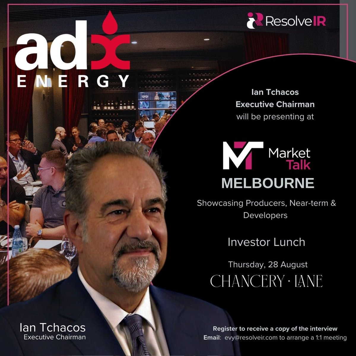ResolveIR (@resolveir) on Twitter photo We look forward to welcoming Ian Tchacos, ADX Energy (ASX:ADX) presenting at Market Talk Melbourne Investor Lunch on Aug 28 at Chancery Lane.
📩 evy@resolveir.com for presentation, Stockhead Interview or 1:1.
<a href="/ADXEnergy_/">ADX Energy</a> We look forward to welcoming Ian Tchacos, ADX Energy (ASX:ADX) presenting at Market Talk Melbourne Investor Lunch on Aug 28 at Chancery Lane.
📩 evy@resolveir.com for presentation, Stockhead Interview or 1:1.
<a href="/ADXEnergy_/">ADX Energy</a>