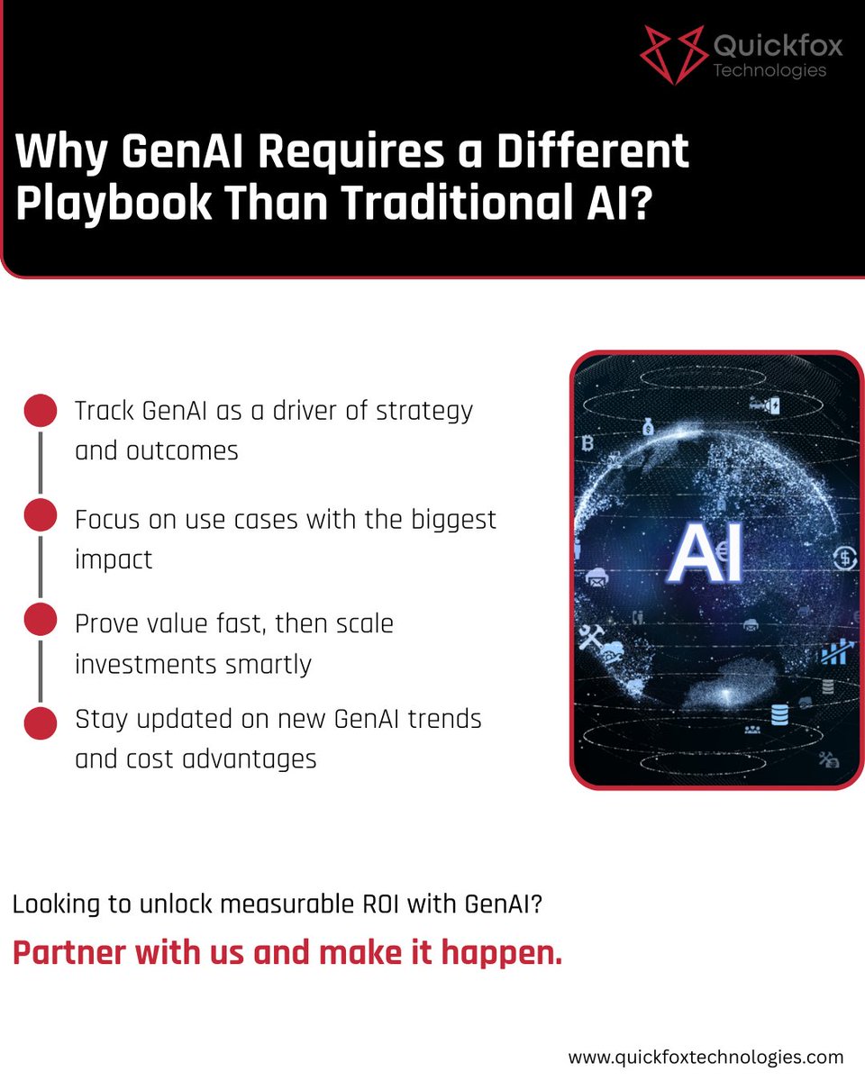 quickfoxtech's tweet image. Generative AI is not just an upgrade of traditional AI — it’s redefining how businesses create value.
Is your company treating GenAI differently from traditional AI? 
Get in touch with an AI expert to dive deeper. lnkd.in/dyAjzm8D
#GenerativeAI #DigitalTransformation
