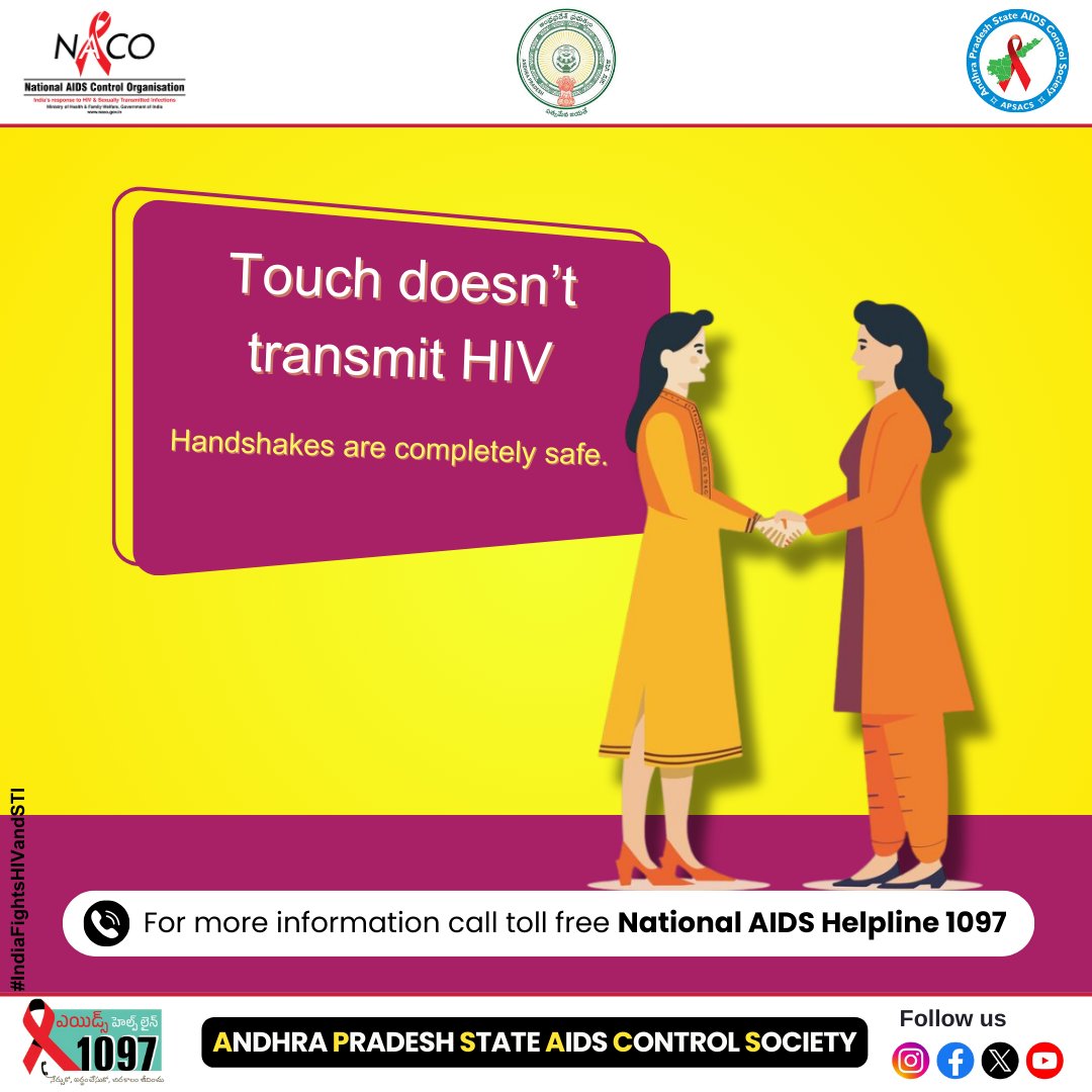 Touch doesn’t transmit HIV.
🤝 Handshakes are completely safe.
HIV is a manageable health condition, just like TB and diabetes.

#IndiaFightsHIVandSTI #StopTheStigma #KnowTheFacts #HIVAware #HIVPrevention #HealthForAll #StayInformed #EndHIVAIDS #HIVCare #SafeTogether