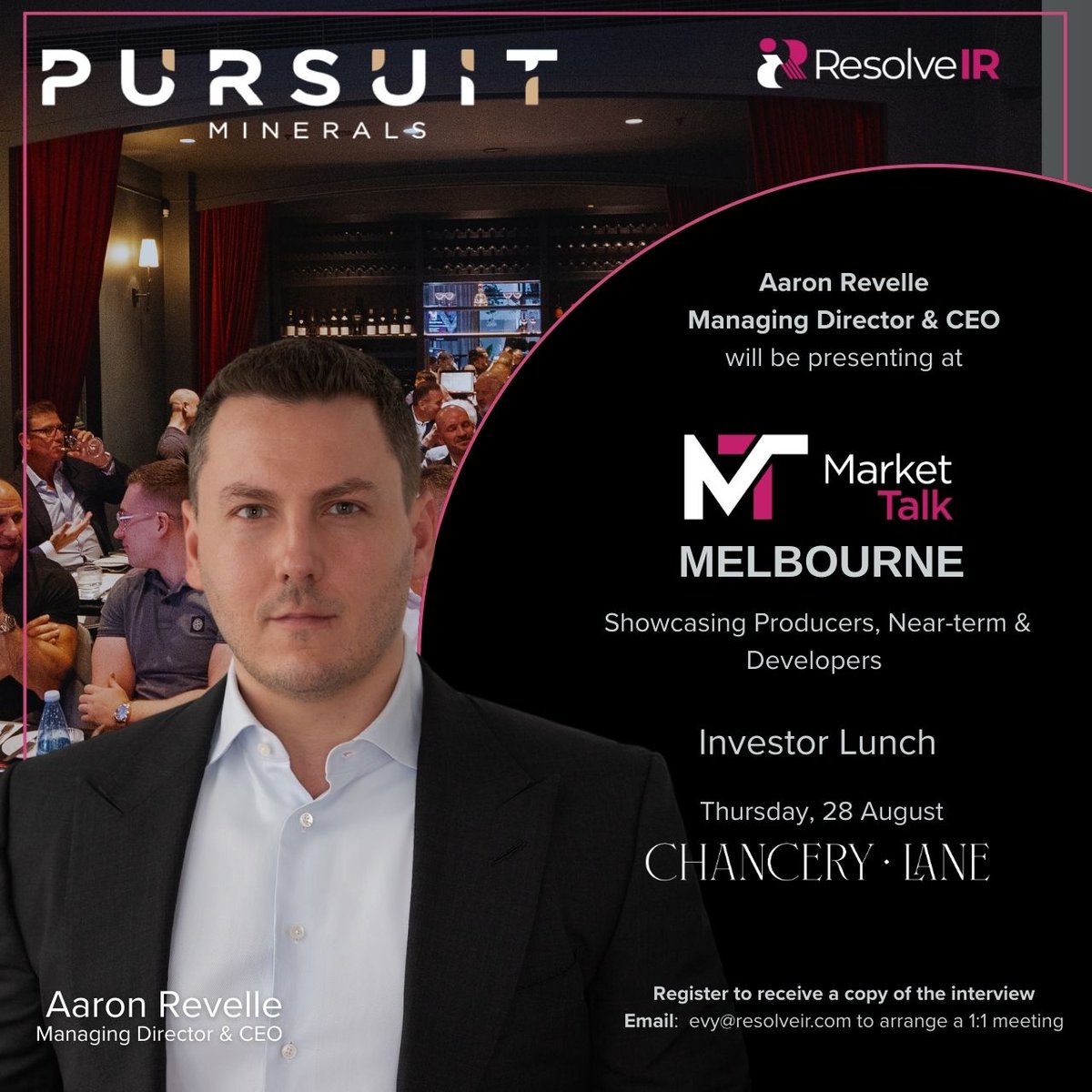 ResolveIR (@resolveir) on Twitter photo We look forward to welcoming Aaron Revelle, Pursuit Minerals (ASX:PUR) at the Market Talk Melbourne Investor Lunch on Aug 28 at Chancery Lane.
📩 evy@resolveir.com for presentation, Stockhead Interview or 1:1.
<a href="/PursuitMins/">Pursuit Minerals Limited</a> We look forward to welcoming Aaron Revelle, Pursuit Minerals (ASX:PUR) at the Market Talk Melbourne Investor Lunch on Aug 28 at Chancery Lane.
📩 evy@resolveir.com for presentation, Stockhead Interview or 1:1.
<a href="/PursuitMins/">Pursuit Minerals Limited</a>