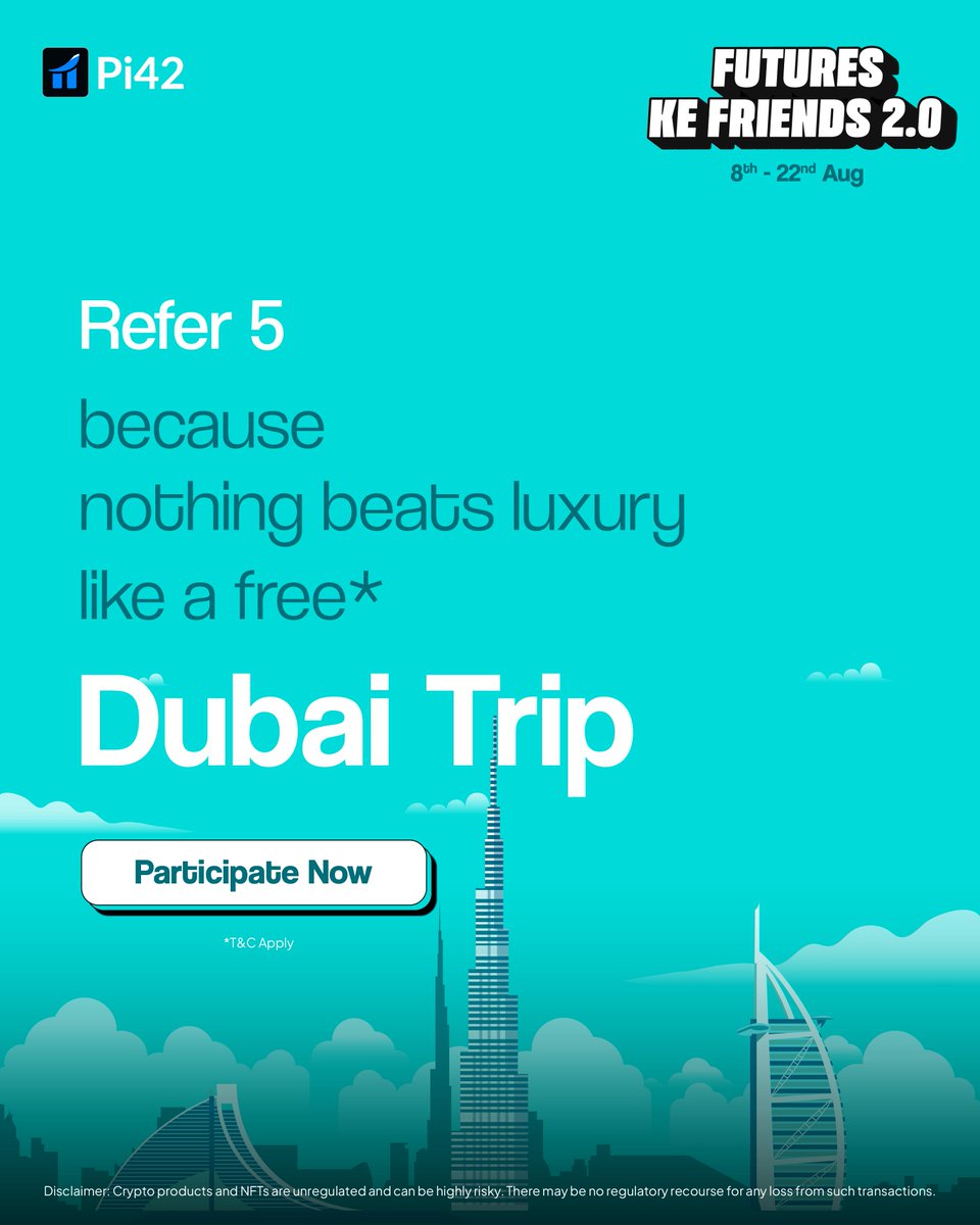 Pi42 (@pi42exchange) on Twitter photo ✨ Nothing beats luxury, except winning it! ✨
Refer 5 friends who trade on Pi42 & win:
🏝 a Dubai getaway 🔥
😍 Participate now : pi42.com/refer
T&Cs apply: pi42.com/blog/refer-and… 
#futureskefriends #crypto #Pi42 ✨ Nothing beats luxury, except winning it! ✨
Refer 5 friends who trade on Pi42 & win:
🏝 a Dubai getaway 🔥
😍 Participate now : pi42.com/refer
T&Cs apply: pi42.com/blog/refer-and… 
#futureskefriends #crypto #Pi42