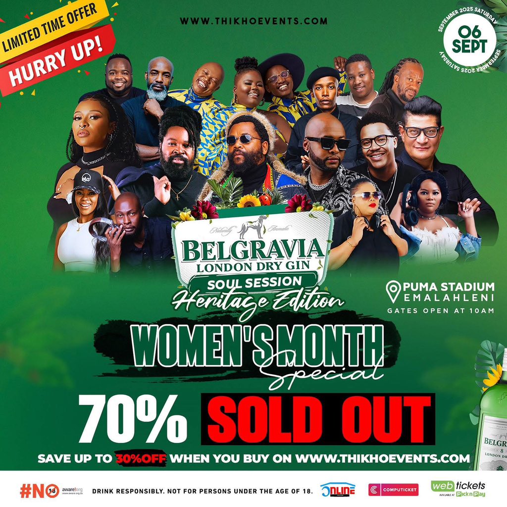 Emalahleni! WOMEN’S MONTH SPECIAL is 70% SOLD OUT and counting! Don’t be the one watching from home while the rest of Emalahleni is vibing 🎶🔥

📅 6 September 2025
📍 Puma Stadium, Emalahleni
🎤 DJ Zinhle | Sjava | The Soil | Vusi Nova | Big Zulu | Brenden Praise  + more
🎟 30%