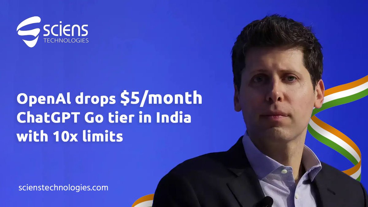 scienstech's tweet image. BREAKING: OpenAI launches ChatGPT Go in India at just $5/month 🇮🇳
✅ 10x prompts & images
✅ 2x memory
✅ UPI + local billing
India becomes the testbed for scaling AI access in emerging markets.
Is this the real start of AI for everyone?
#ChatGPT #AI #India #SamAltman