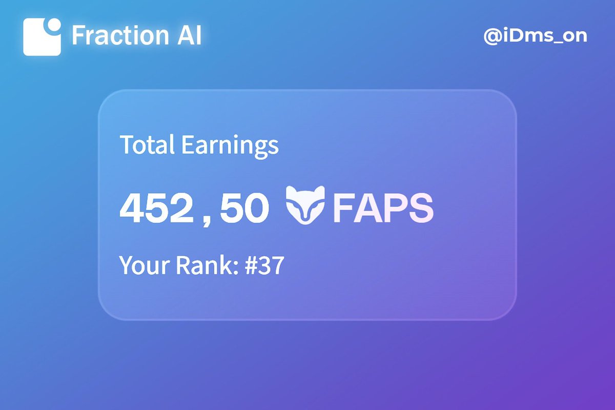 inDreams (@indreams_on) on Twitter photo Hi, <a href="/FractionAI_xyz/">Fraction AI</a>
I was getting around 1 FAPS per day for a few days straight, but that wasn’t enough to hold my spot on the leaderboard.
Well, today I need to try going to the moon Hi, <a href="/FractionAI_xyz/">Fraction AI</a>
I was getting around 1 FAPS per day for a few days straight, but that wasn’t enough to hold my spot on the leaderboard.
Well, today I need to try going to the moon