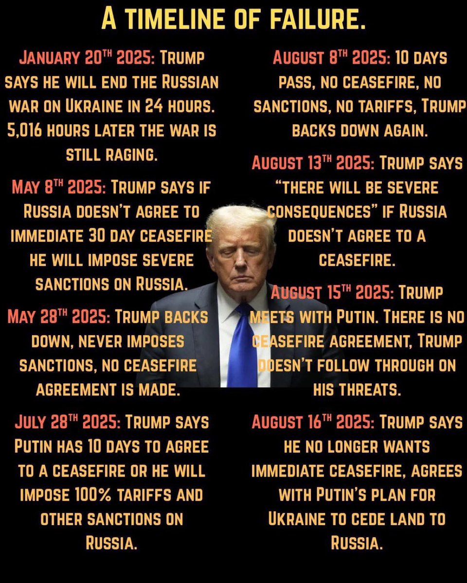 <a href="/JDVance/">JD Vance</a> You have no deal. Putin won’t ever meet with Zelensky or give up on taking Ukraine. All you do is allow Putin more time to bomb Ukraine while Trump begs for a Nobel Peace Prize he’s never getting. Failure at every level. Weak and clueless. Ex KGB vs. potato salad for brains.