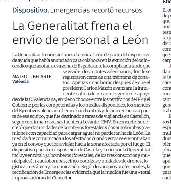 Alicia_Andujar's tweet image. Mazón vuelve a hacer el ridículo. 
Después de anunciar el envío de personal a los incendios forestales de León, @carlos_mazon_ se ha visto obligado a recular y frenar el envío de personal. 
Vuelve a demostrarse la improvisación y la falta de recursos propios de @GVAEmergencias .