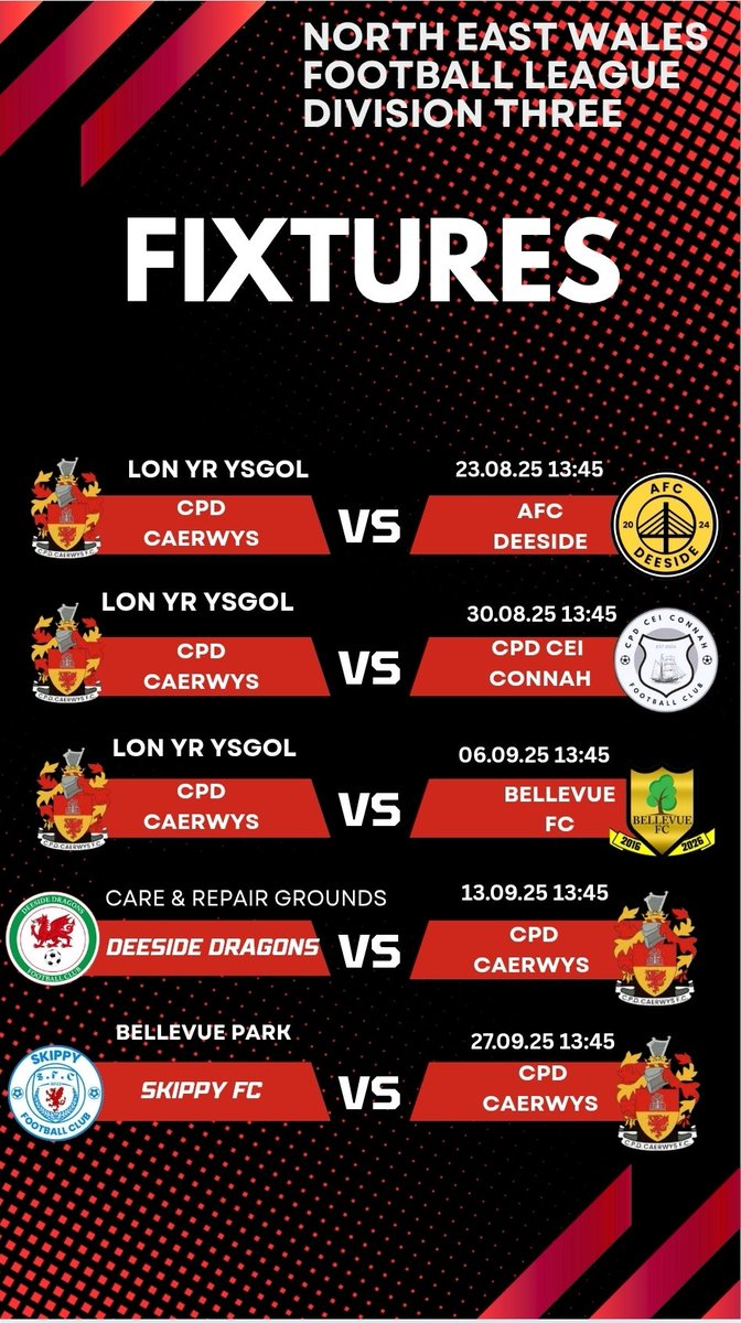 Our next five league fixtures!
#Caerwys #northeastwales #grassrootsfootball #fypシ #football