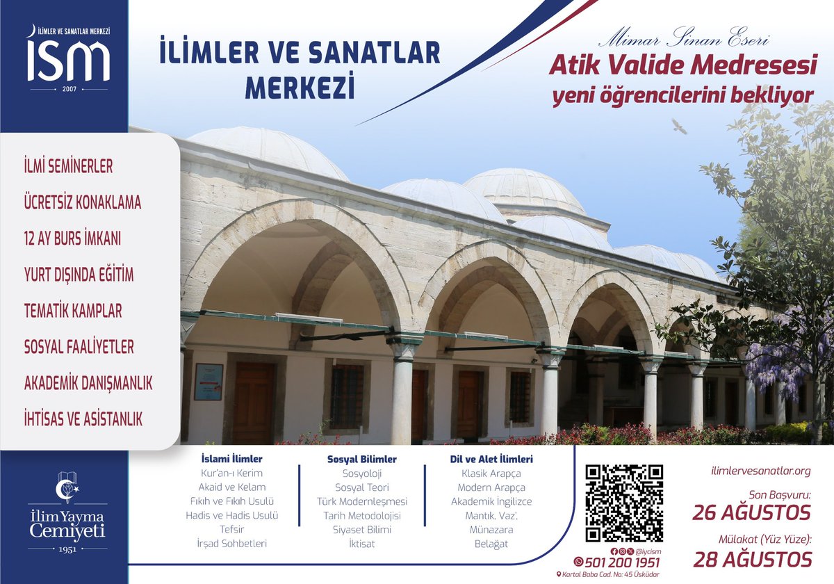 📚İSM Temel Eğitim Başvuruları Devam Ediyor!

🗒️5 Yıllık Özel Bir Program
📖Klasik İslâmî İlimler, Sosyal Bilimler, Dil ve İrşad Seminerleri
🏠Ücretsiz Konaklama
🤝12 Ay Burs
✈️Yurt Dışında Dil Eğitimi
📍Atik Valide Medresesi'nde

Bilgi ve başvuru için:
ilimlervesanatlar.org/tr/menu/basvur…