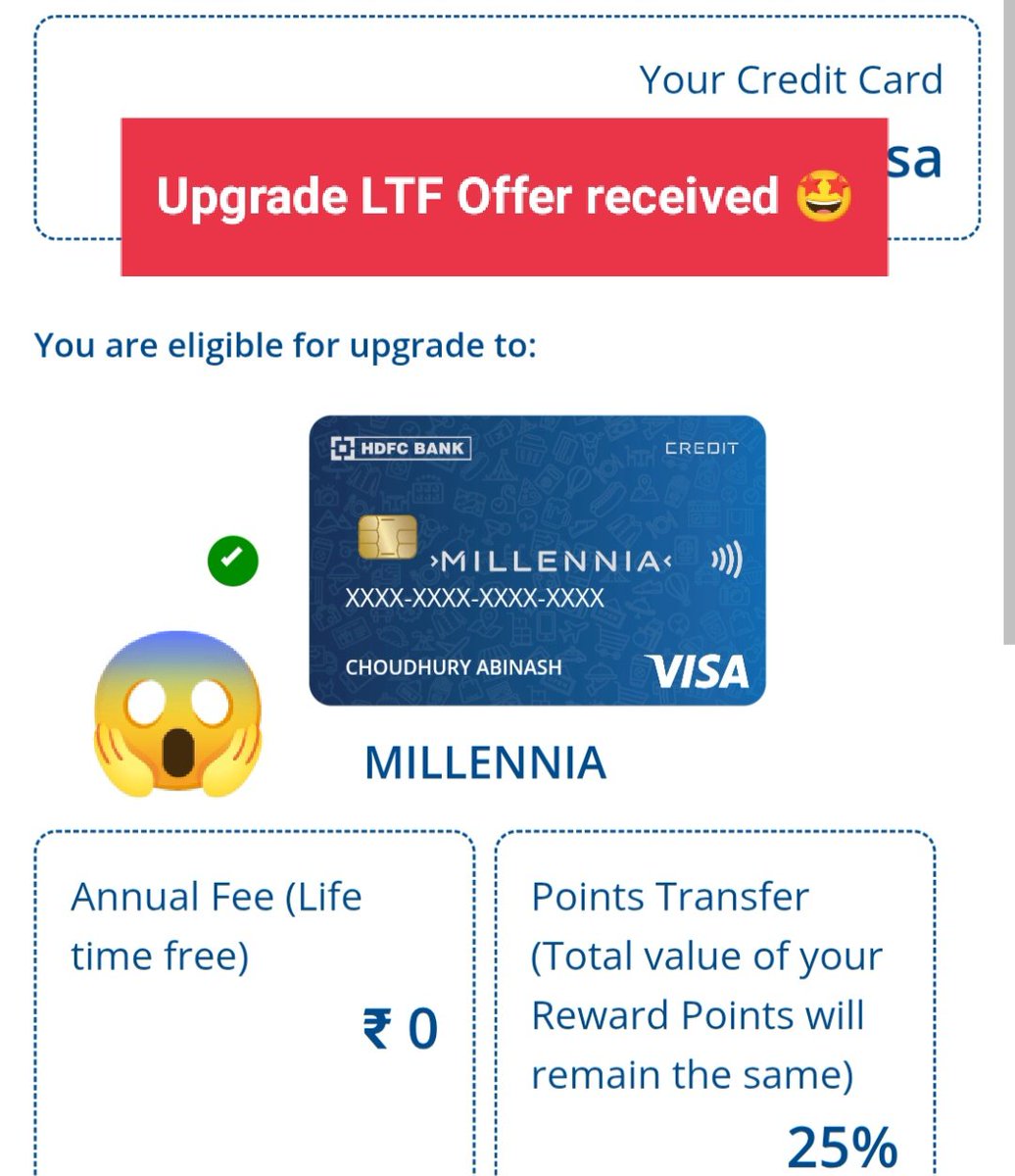 CHOUDHURYA46161's tweet image. Started with MoneyBack+ 💳
Now upgraded to Millennia 💳✨ (LTF)
Consistency pays off 🙌
This is how you play the credit game 😎✨
One step closer to the Regalia Gold🪙 
And also Infinia Metal is dream 🚀
#HDFCBank #CreditCard #upgrade
