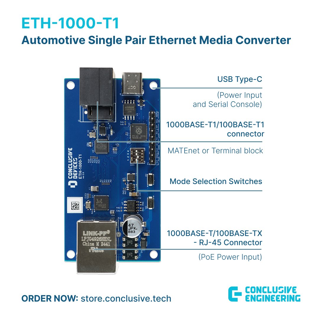 Conclusive_tech's tweet image. The ETH-1000-T1 is in stock, ready to order: store.conclusive.tech/product/eth-10…. Choose the preferred 1000BASE-T1 connector or contact us for a customized solution. #Automotive #EmbeddedSystems #EmbeddedHardware