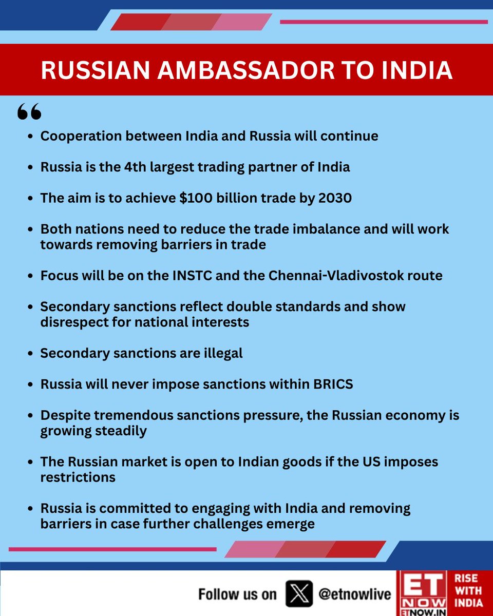 ETNOWlive's tweet photo. Russian Ambassador to India: Our leaders spoke twice in recent weeks; President Putin shared details of his interaction with PM Modi   

#IndiaRussiaTies #PMModi #Putin #EAMVisit #IndiaRussiaSummit #TradeRelations #EnergyPartnership #NuclearCooperation https://t.co/VJwplNUO00