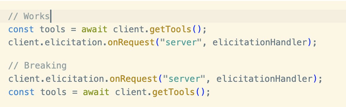 Small caveat with using Mastra's MCPClient

If you're using the client's elicitation handler, make sure to register the elicitation handler AFTER you trigger the MCPClient to connect to the servers. 

<a href="/mastra_ai/">Mastra</a>