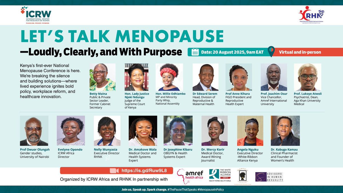 It's finally the day. Tune in to listen to the amazing conversations around Menopause conference convened by <a href="/rhnkorg/">Reproductive Health Network Kenya</a> and <a href="/ICRW/">International Center for Research on Women</a>.
 Link below:
Zoom
icrw-org.zoom.us/webinar/regist…
Or Youtube: youtube.com/live/dUaM310-i…